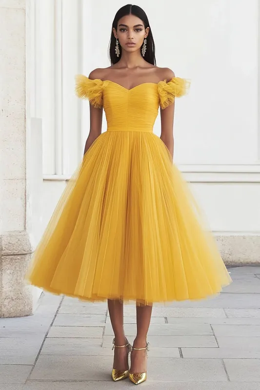 Yellow Tulle Ruffled Off the Shoulder Long Prom Dress sold by Zapaka