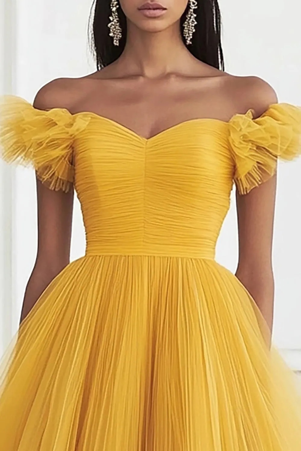 Yellow Tulle Ruffled Off the Shoulder Long Prom Dress sold by Zapaka product image thumbnail 2