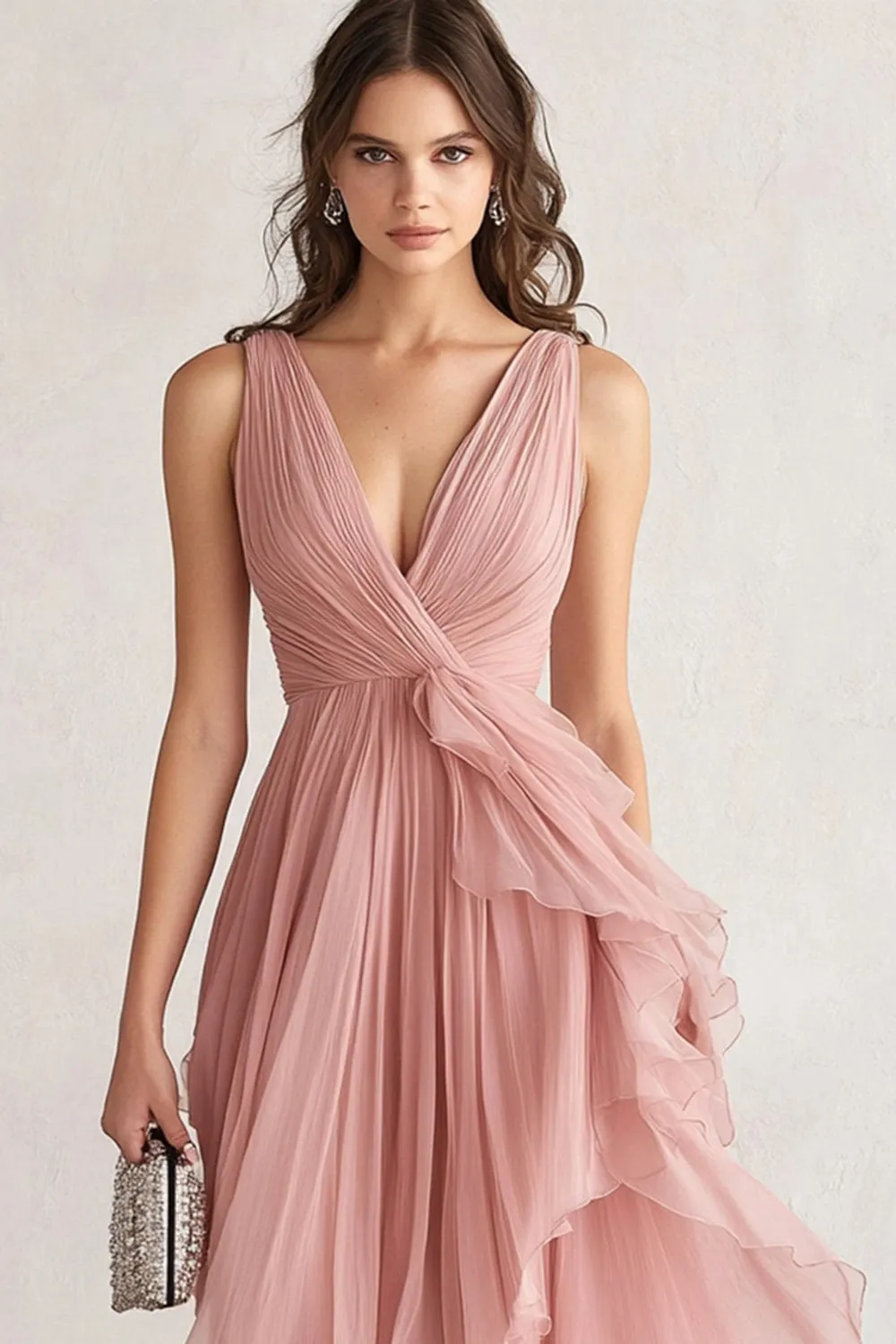 V-Neck Blush Asymmetrical Prom Dress with Ruffles sold by Zapaka product image thumbnail 2