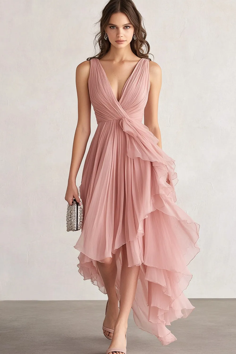 V-Neck Blush Asymmetrical Prom Dress with Ruffles sold by Zapaka