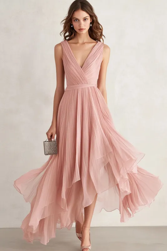 Blush V-Neck Asymmetrical Prom Dress with Pleats sold by Zapaka