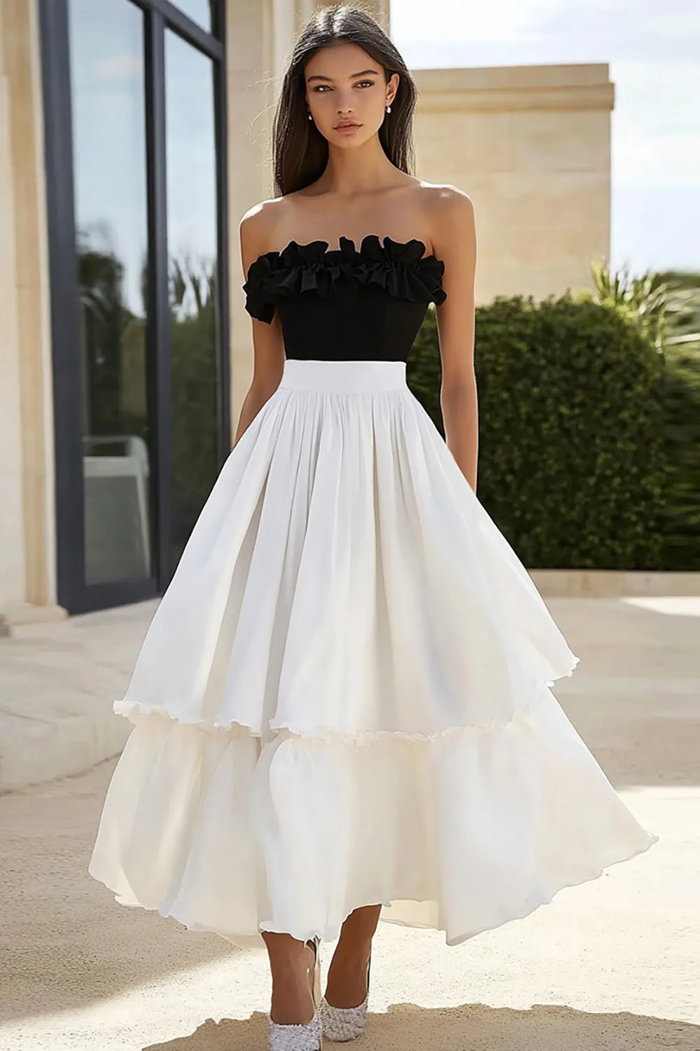 Black and White Ruffled Strapless Long Formal Dress sold by Zapaka