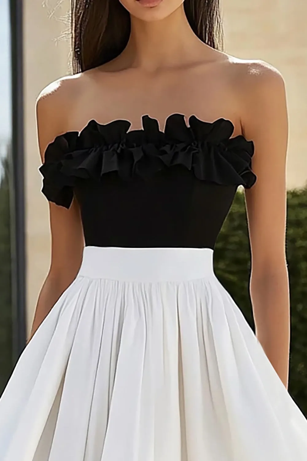 Black and White Ruffled Strapless Long Formal Dress sold by Zapaka product image thumbnail 2