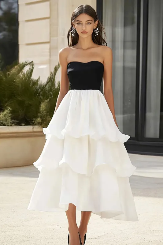 Black and White Strapless Tiered Satin Long Formal Dress sold by Zapaka