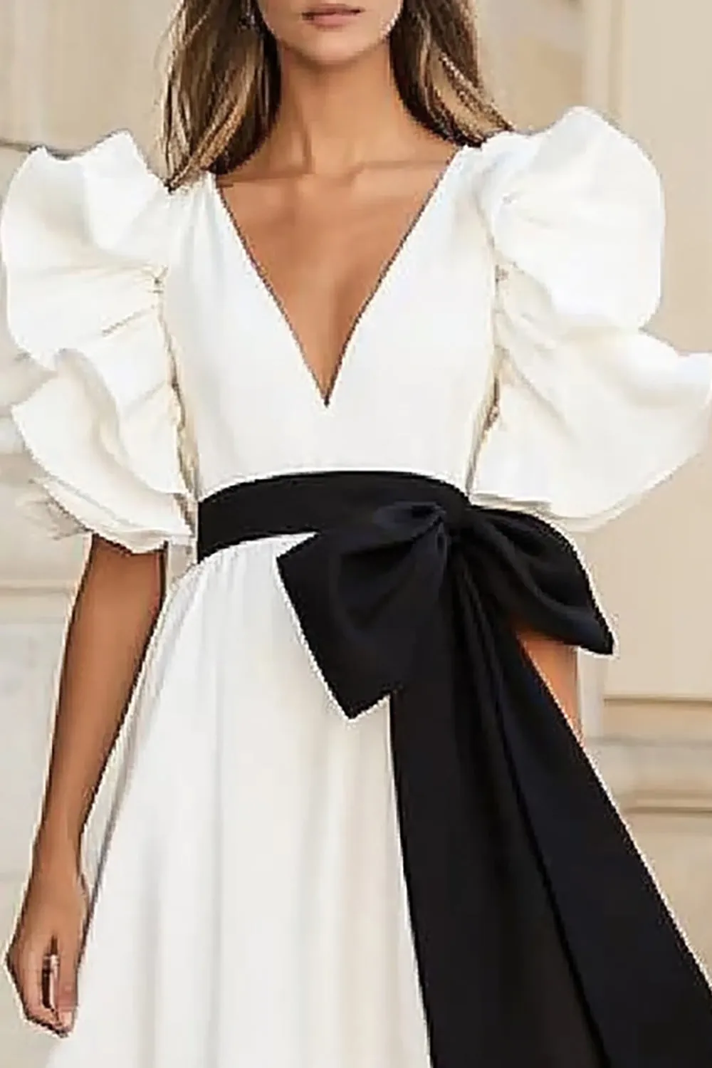 Satin Black and White Ruffled Long Formal Dress with Bow sold by Zapaka product image thumbnail 2