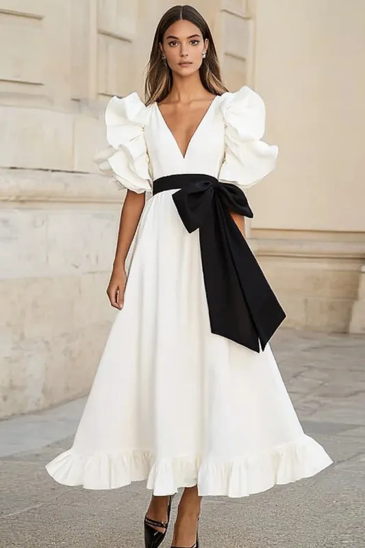 Satin Black and White Ruffled Long Formal Dress with Bow sold by Zapaka