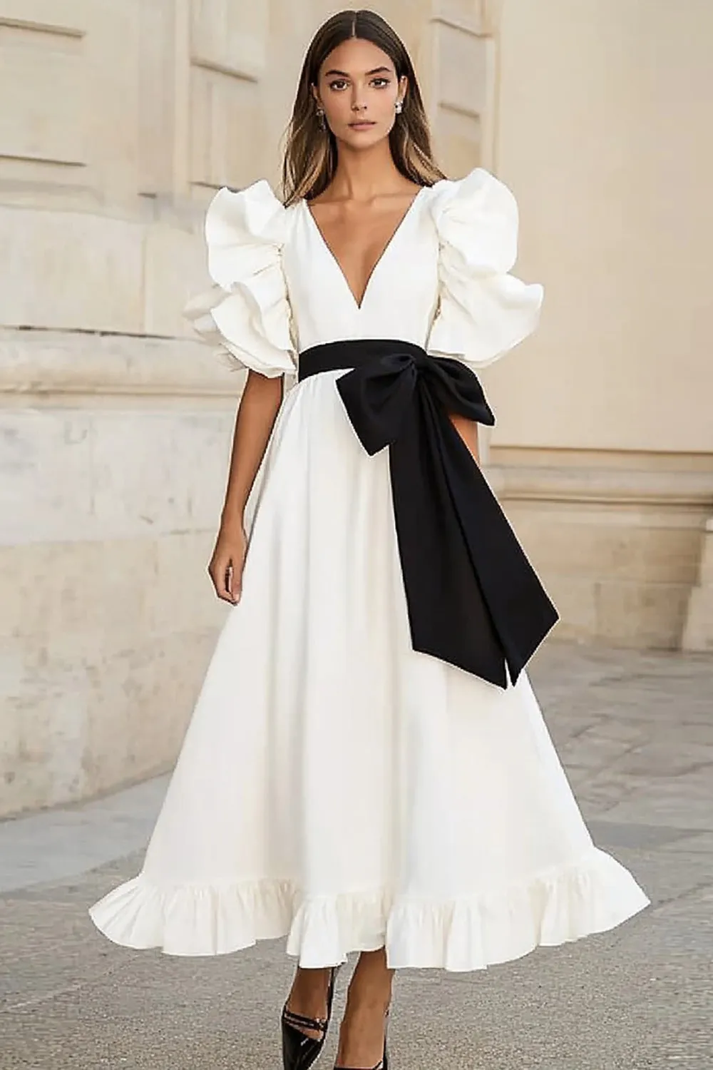 Satin Black and White Ruffled Long Formal Dress with Bow sold by Zapaka