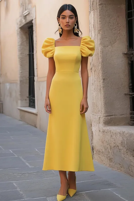 Yellow Satin Ruffled Square Neck Long Formal Dress sold by Zapaka