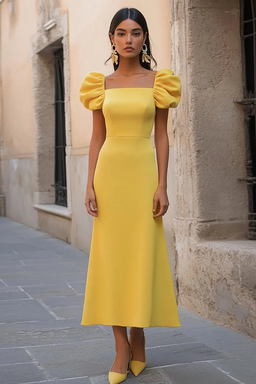 Yellow Satin Ruffled Square Neck Long Formal Dress sold by Zapaka