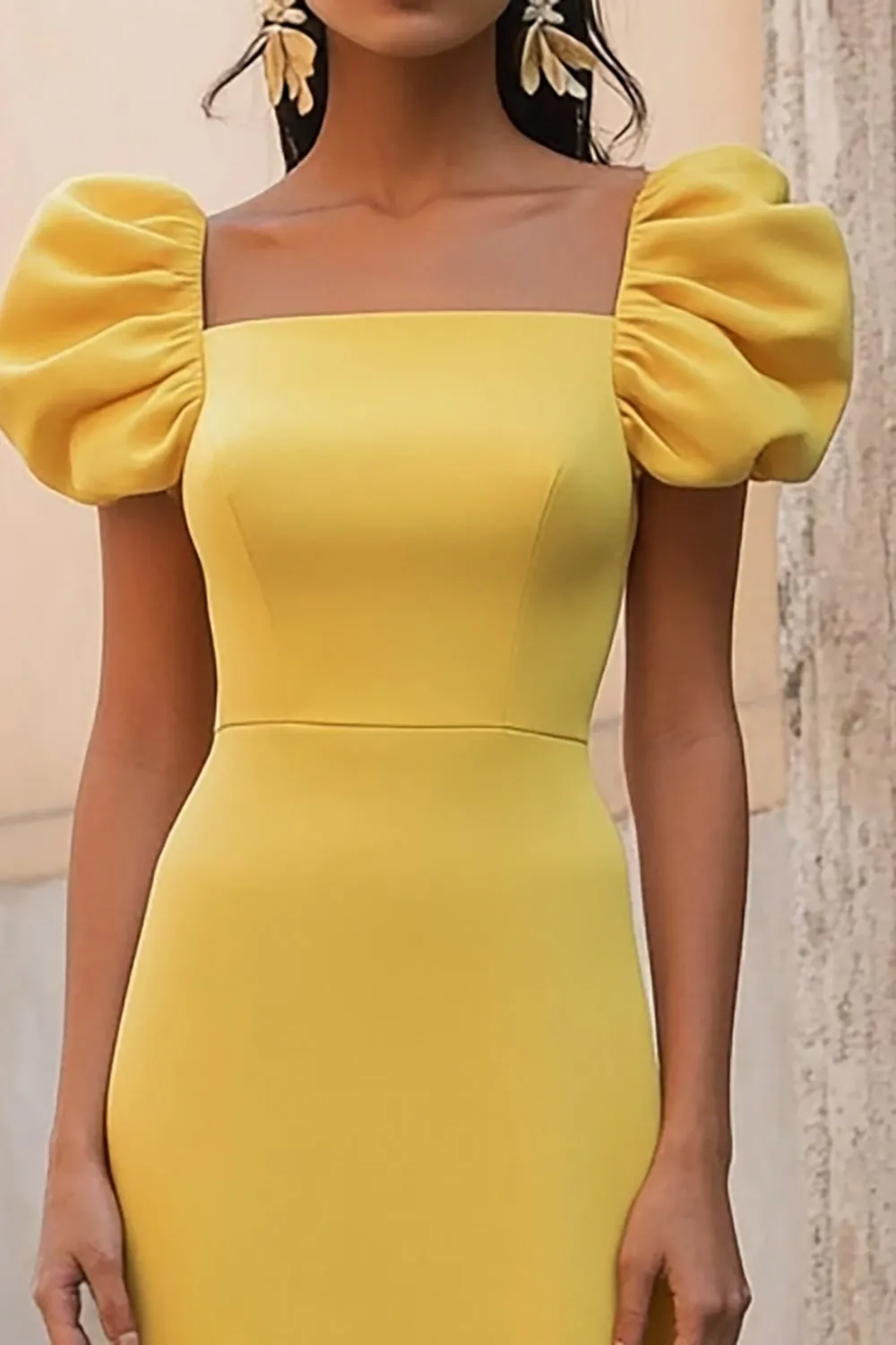 Yellow Satin Ruffled Square Neck Long Formal Dress sold by Zapaka product image thumbnail 2