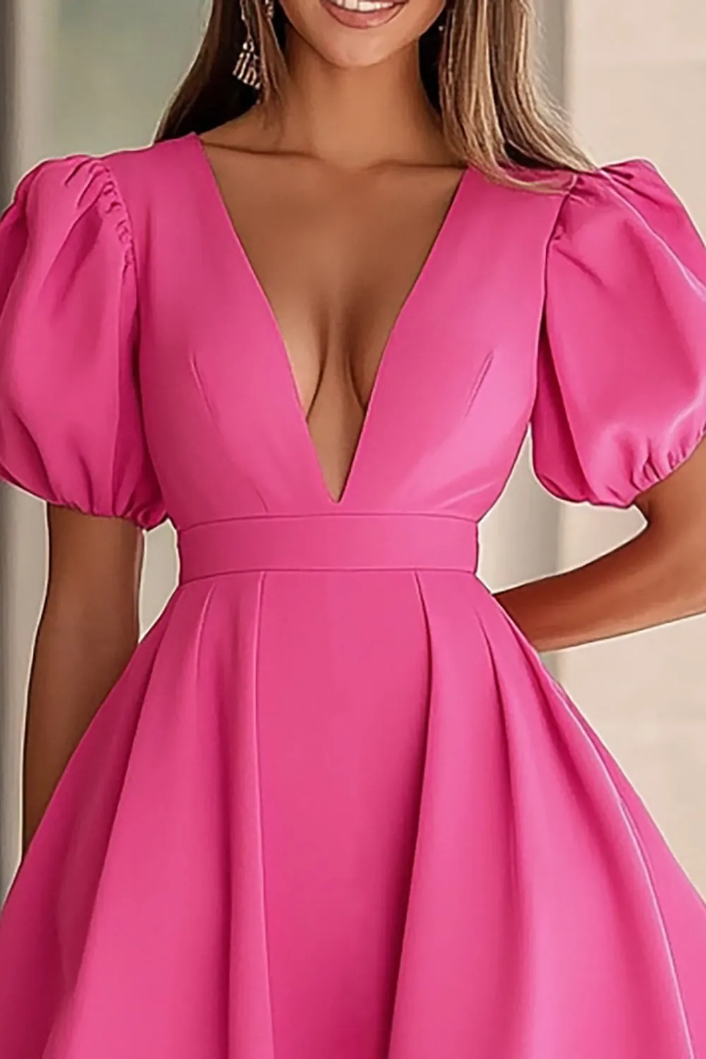 Fuchsia Satin Puff Sleeves V Neck Short Cocktail Dress sold by Zapaka product image thumbnail 2