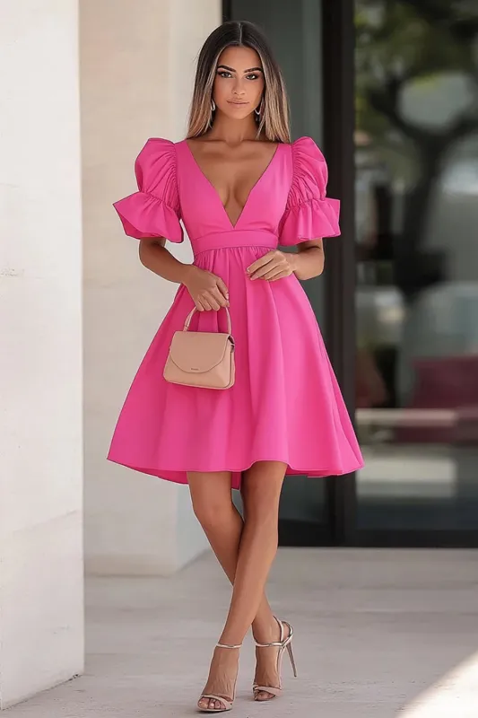 Fuchsia Puff Sleeves Satin A Line Short Cocktail Dress sold by Zapaka