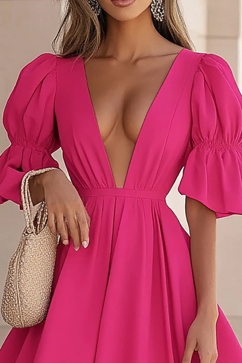 Fuchsia V Neck Half Sleeves Short Cocktail Dress sold by Zapaka product image thumbnail 2