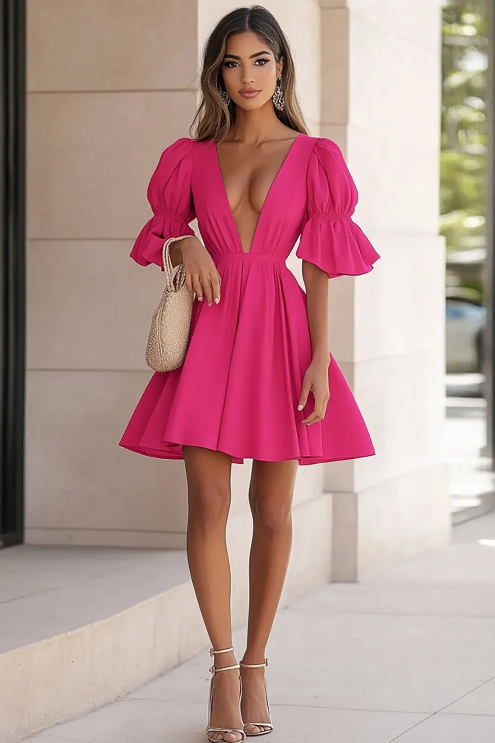 Fuchsia V Neck Half Sleeves Short Cocktail Dress sold by Zapaka