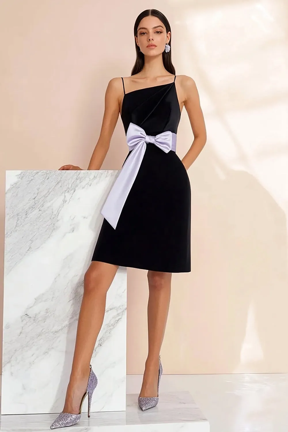 Black Spaghetti straps Satin Short Cocktail Dress with Bow sold by Zapaka
