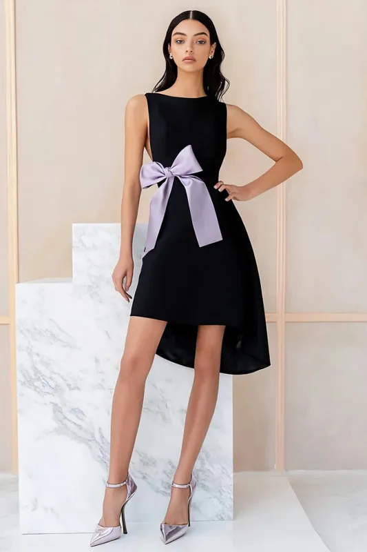 Black Satin Sleeveles Short Cocktail Dress with Bow sold by Zapaka