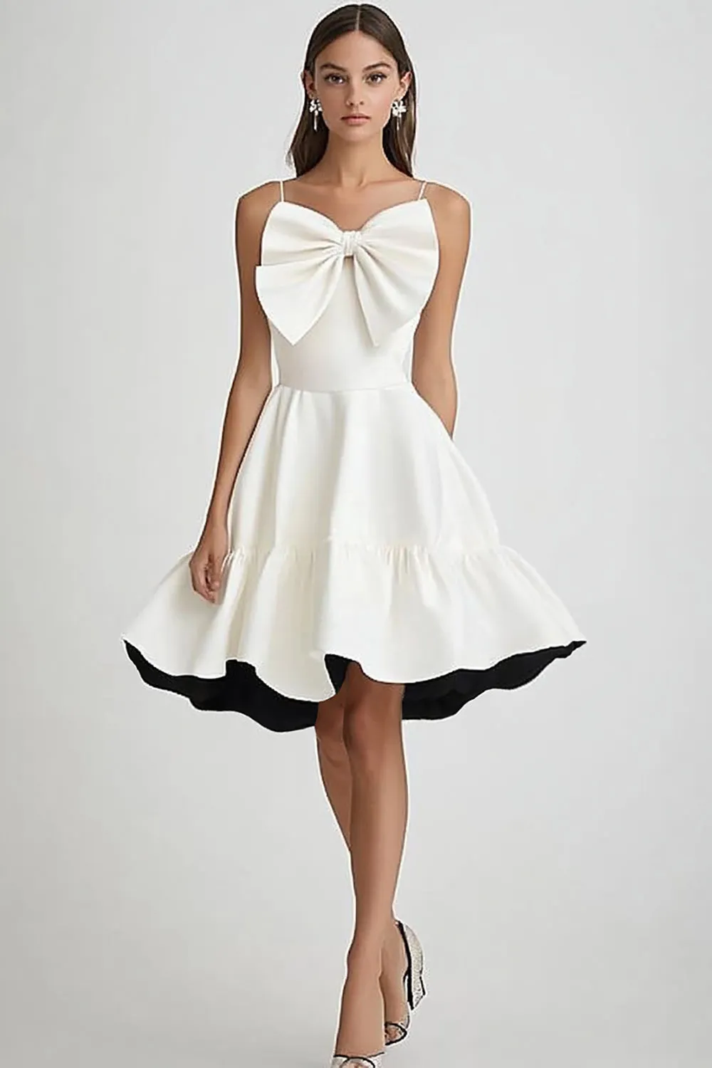 Black and White Spaghetti Straps Satin Short Graduation Dress with Bow sold by Zapaka