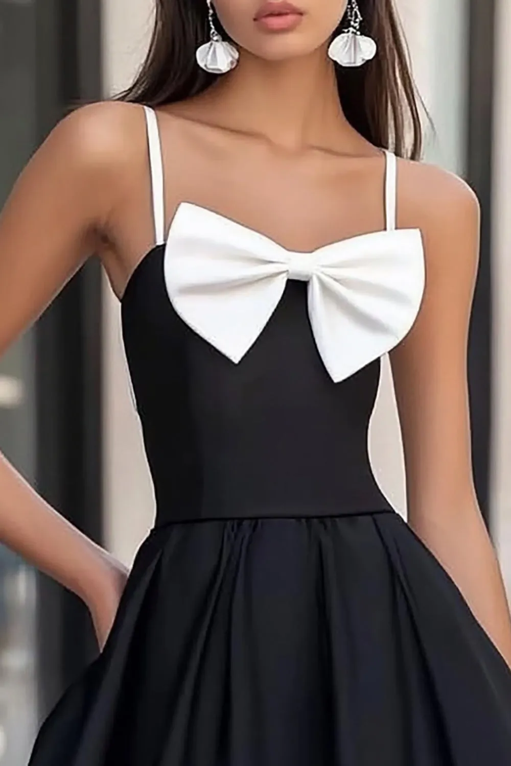 Black and White Satin Spaghetti Straps Short Graduation Dress with Bow sold by Zapaka product image thumbnail 2
