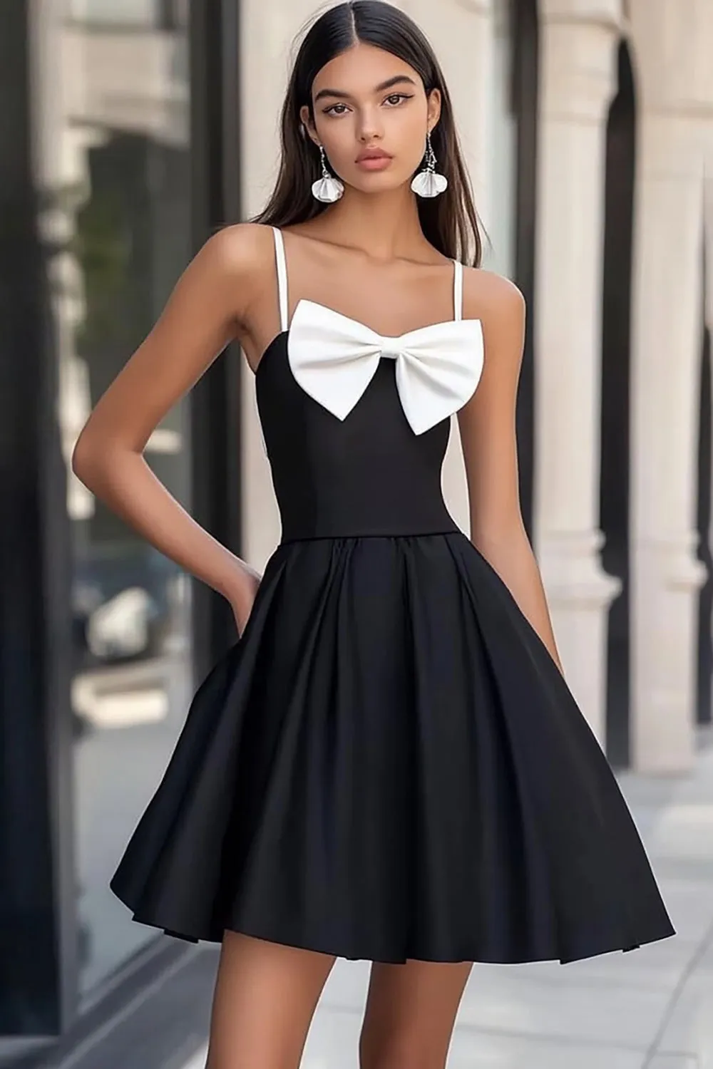 Black and White Satin Spaghetti Straps Short Graduation Dress with Bow sold by Zapaka