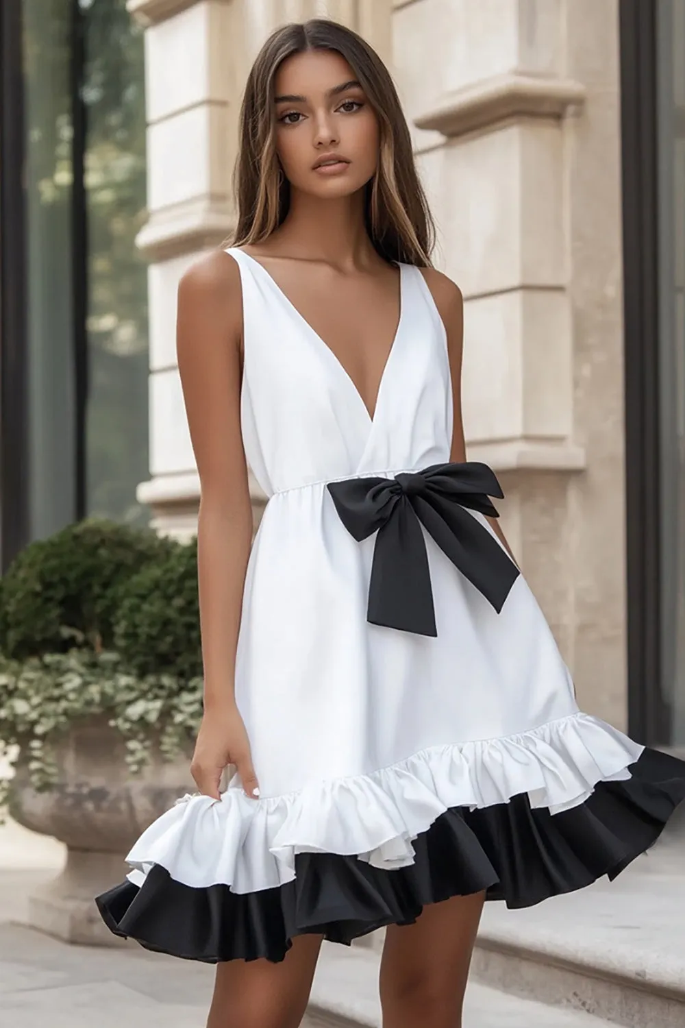V Neck Satin Black and White Short Graduation Dress with Bow sold by Zapaka