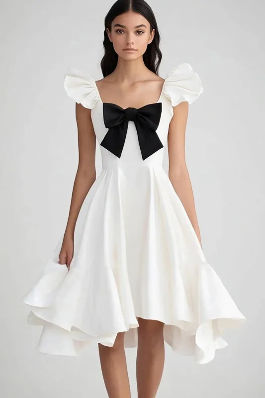 White and Black Satin Ruffled Graduation Dress with Bow sold by Zapaka