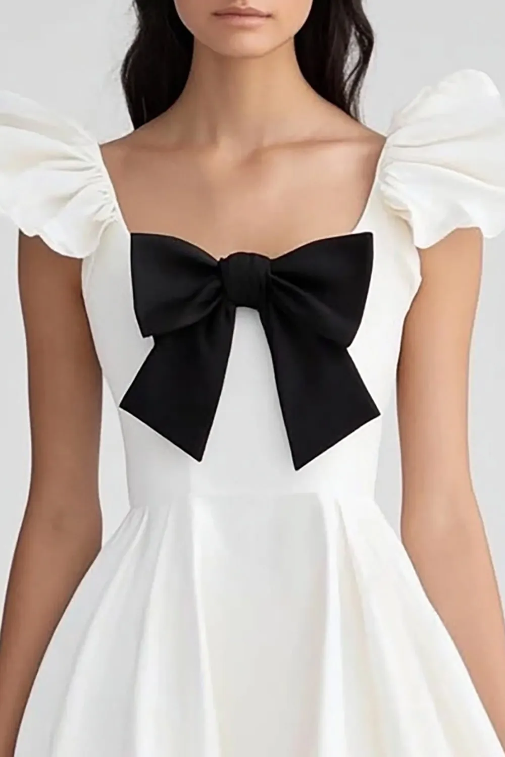 White and Black Satin Ruffled Graduation Dress with Bow sold by Zapaka product image thumbnail 2