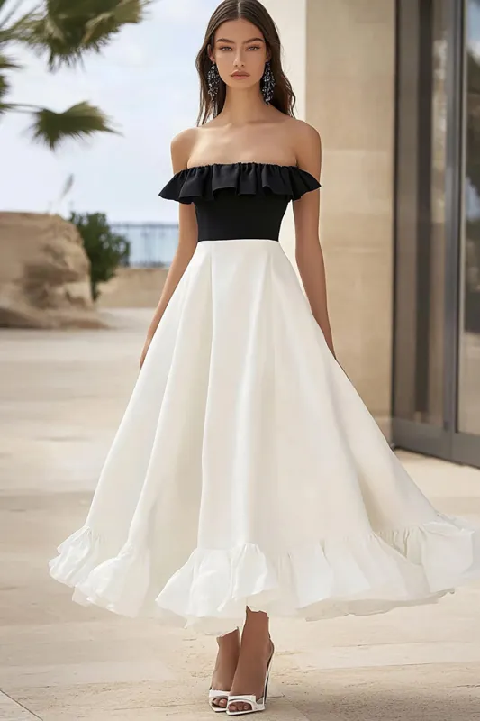 White and Black Satin A Line Strapless Graduatin Dress sold by Zapaka