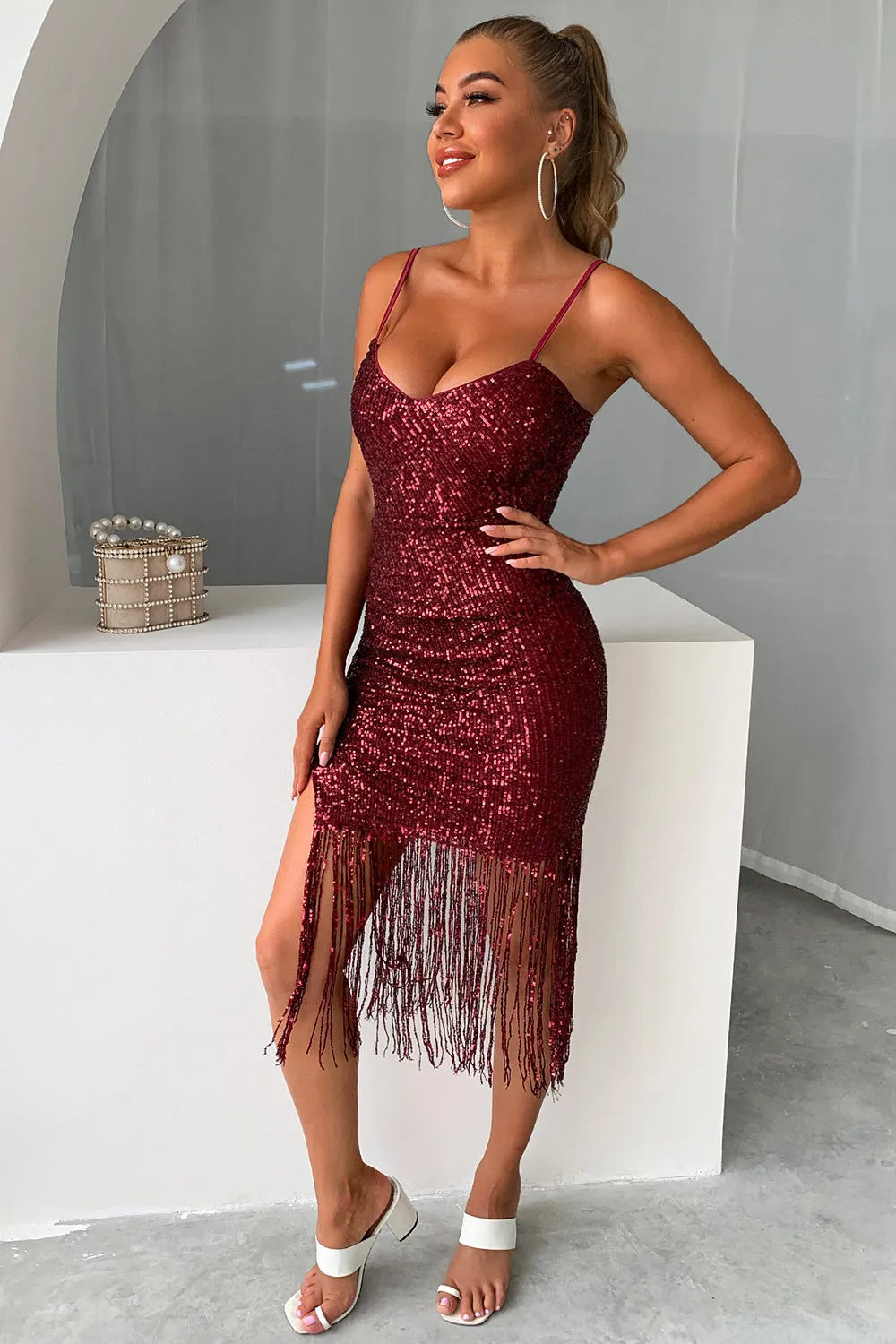Burgundy Sparkly Sequins Short Homecoming Dress with Fringes sold by Zapaka product image thumbnail 3