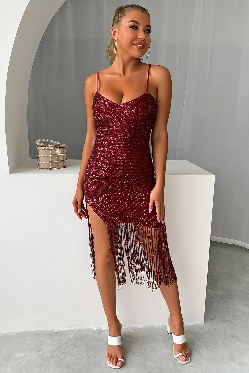 Burgundy Sparkly Sequins Short Homecoming Dress with Fringes sold by Zapaka