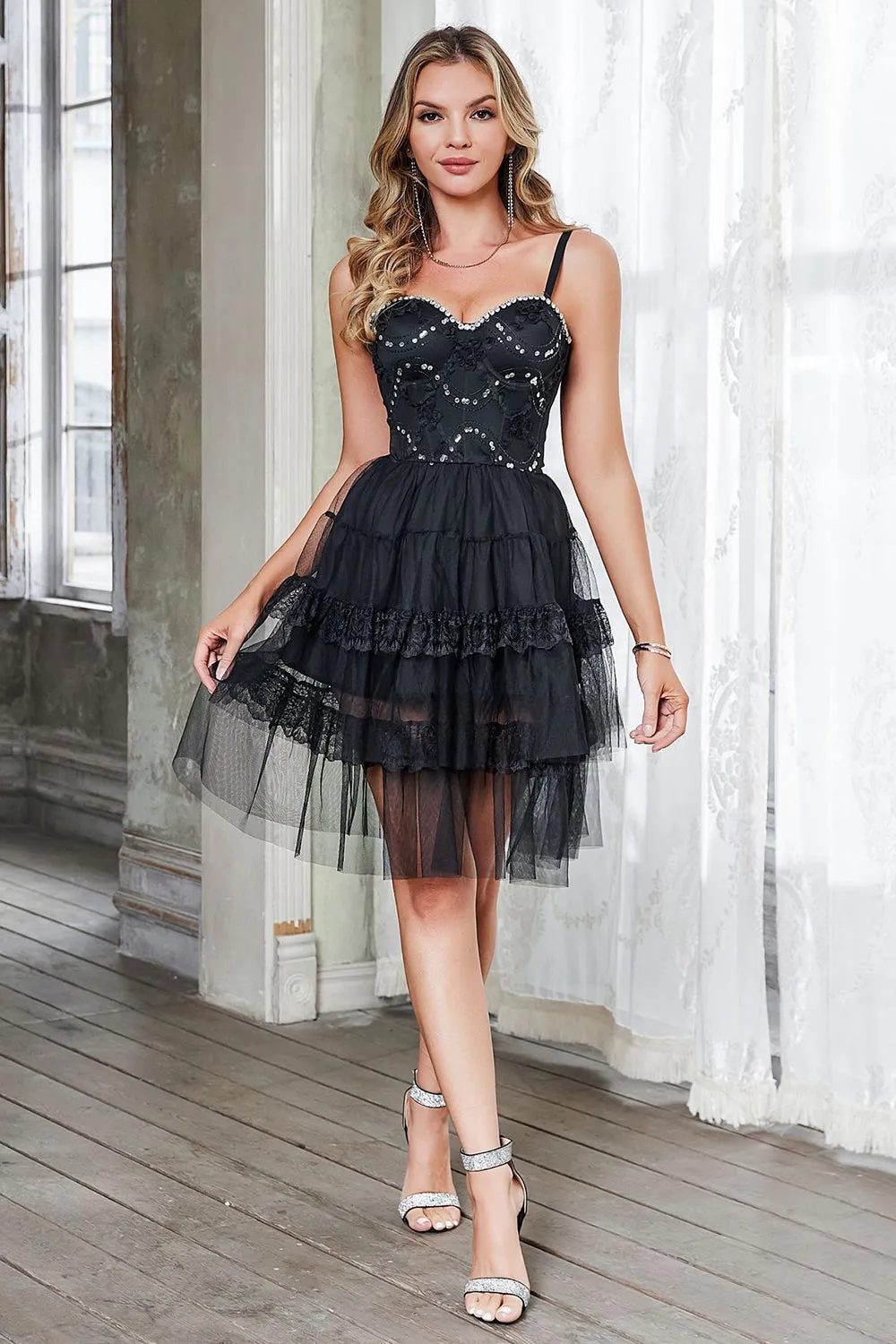 Black Tulle Tiered Spaghetti Straps Short Homecoming Dress with Beading sold by Zapaka product image thumbnail 2