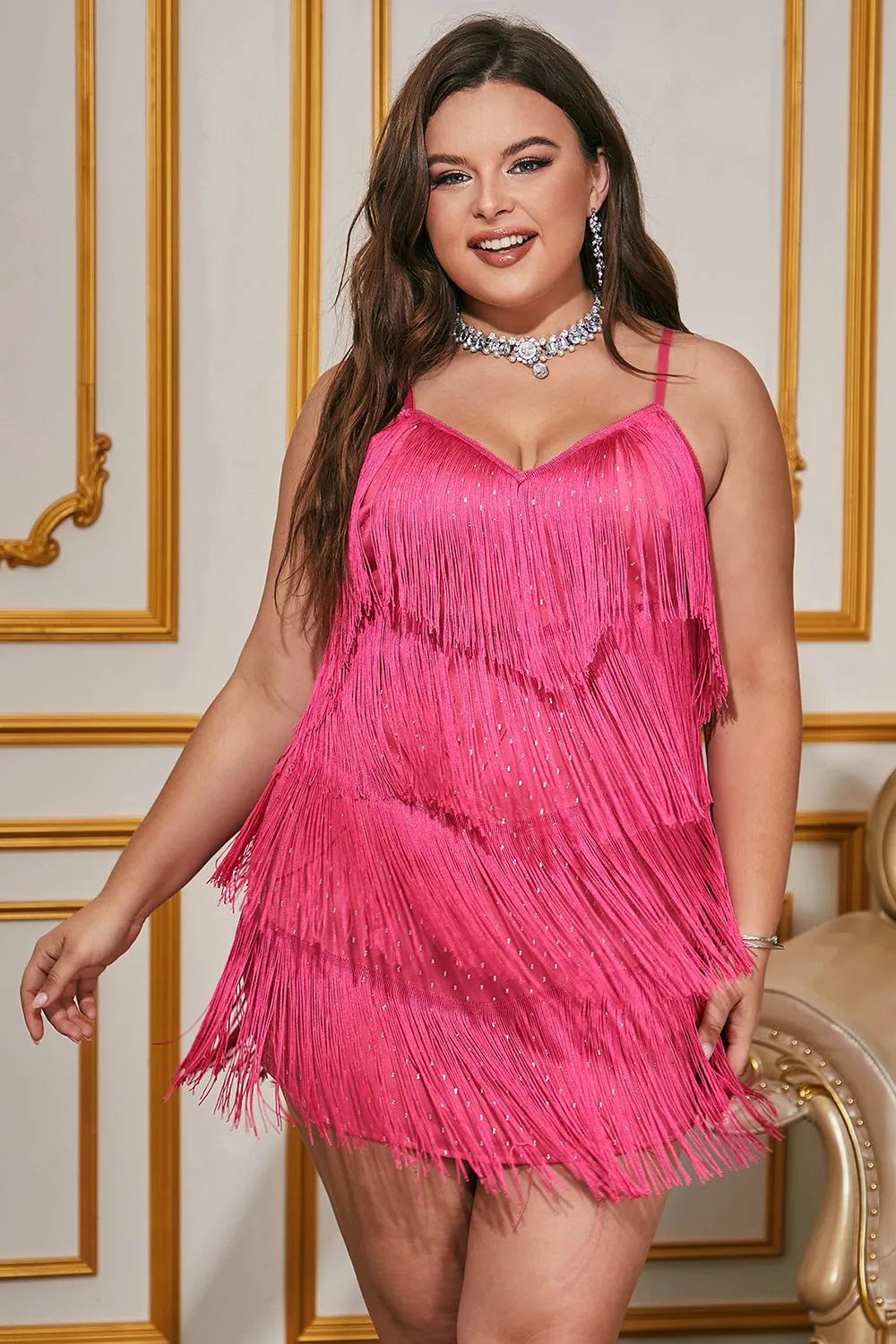 Hot Pink Sparkly Spaghetti Straps Short Plus Size Homecoming Dress with Fringes sold by Zapaka