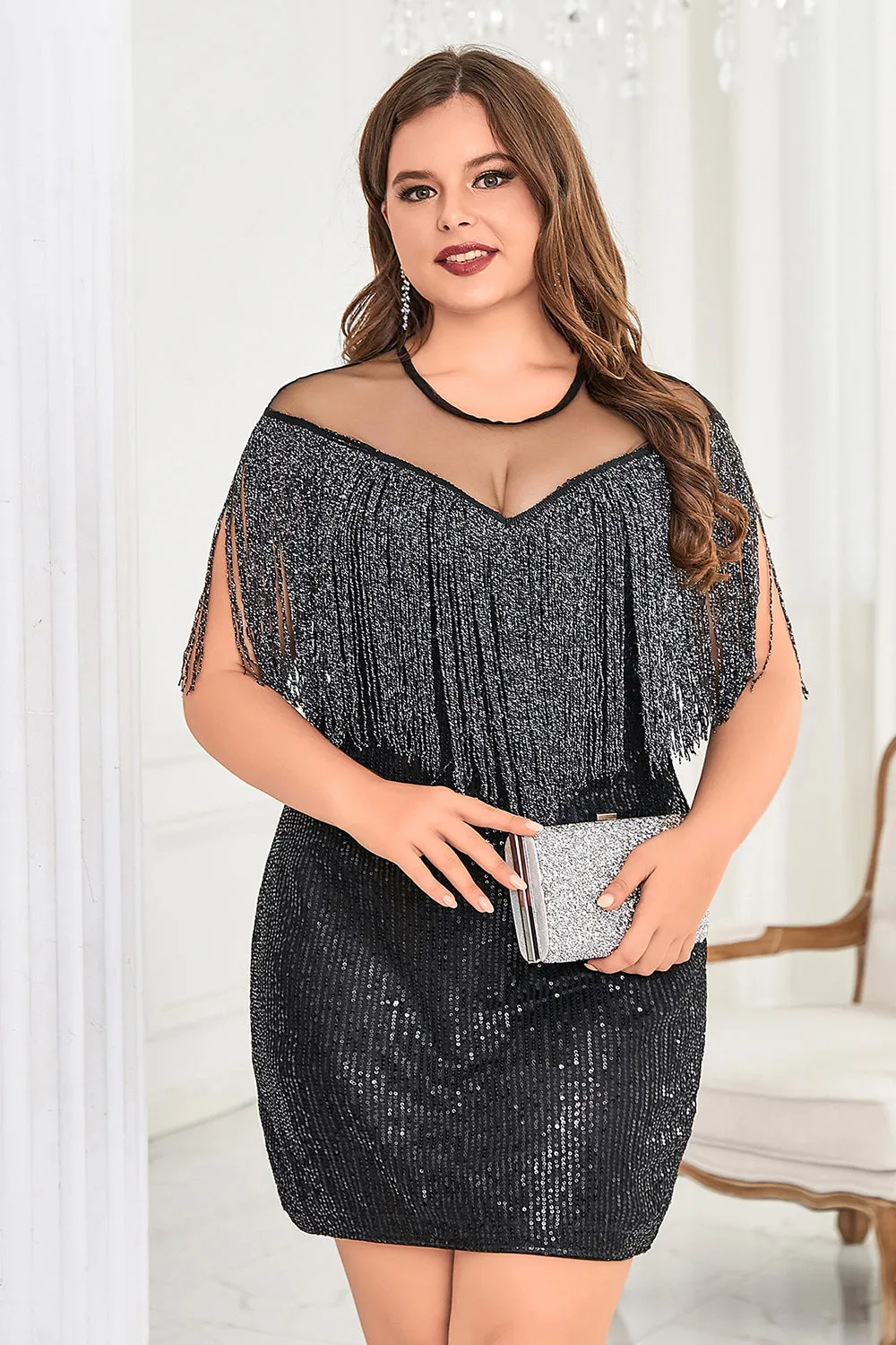 Black Illusion Neck Sequins Sparkly Short Plus Size Homecoming Dress with Fringes sold by Zapaka product image thumbnail 4