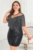 Black Illusion Neck Sequins Sparkly Short Plus Size Homecoming Dress with Fringes sold by Zapaka