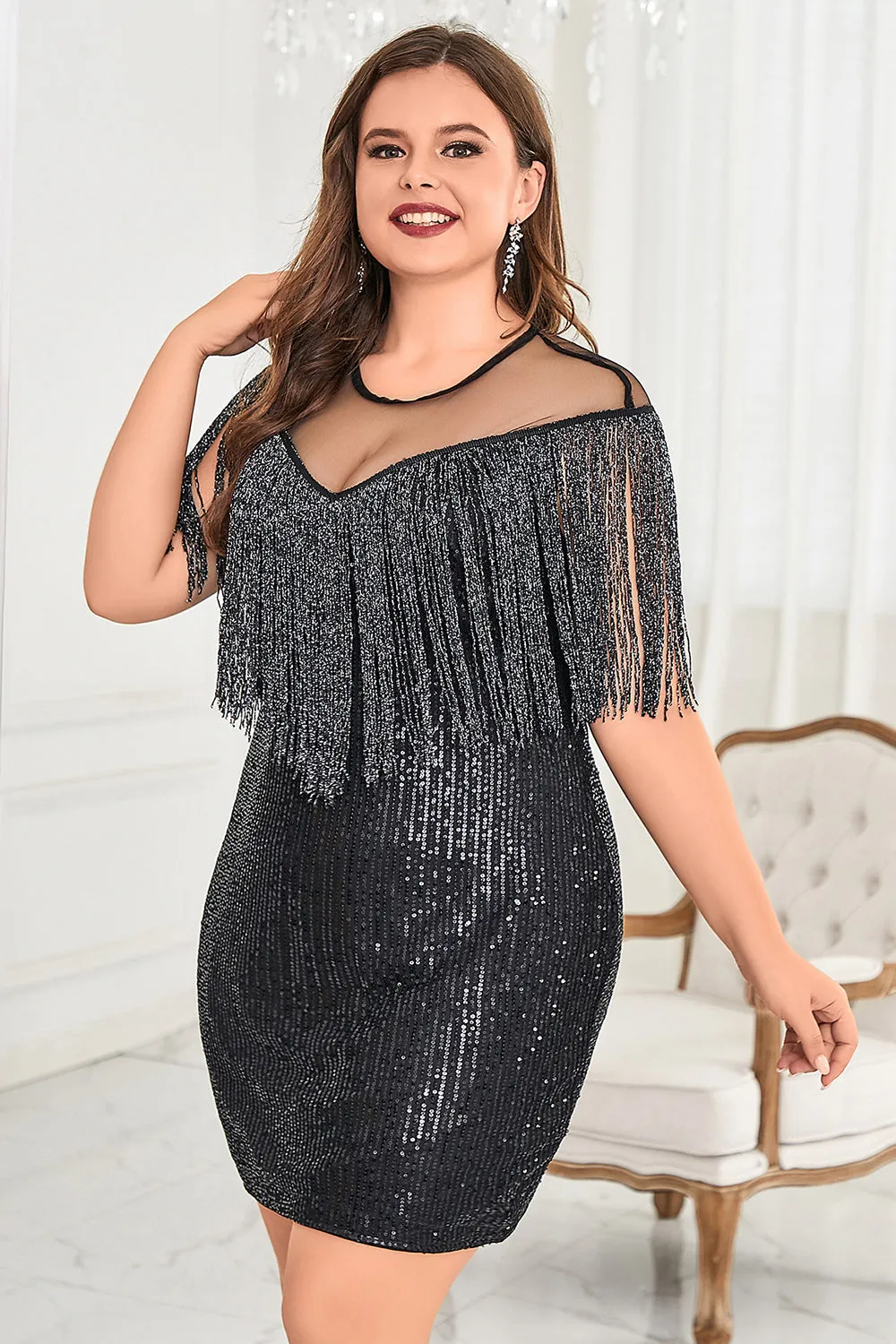 Black Illusion Neck Sequins Sparkly Short Plus Size Homecoming Dress with Fringes sold by Zapaka product image thumbnail 3