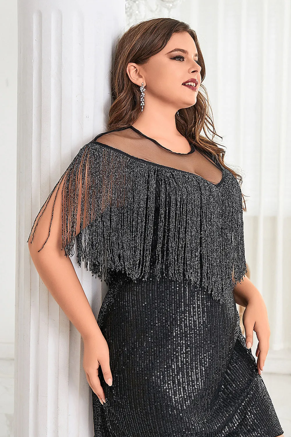 Black Illusion Neck Sequins Sparkly Short Plus Size Homecoming Dress with Fringes sold by Zapaka product image thumbnail 5
