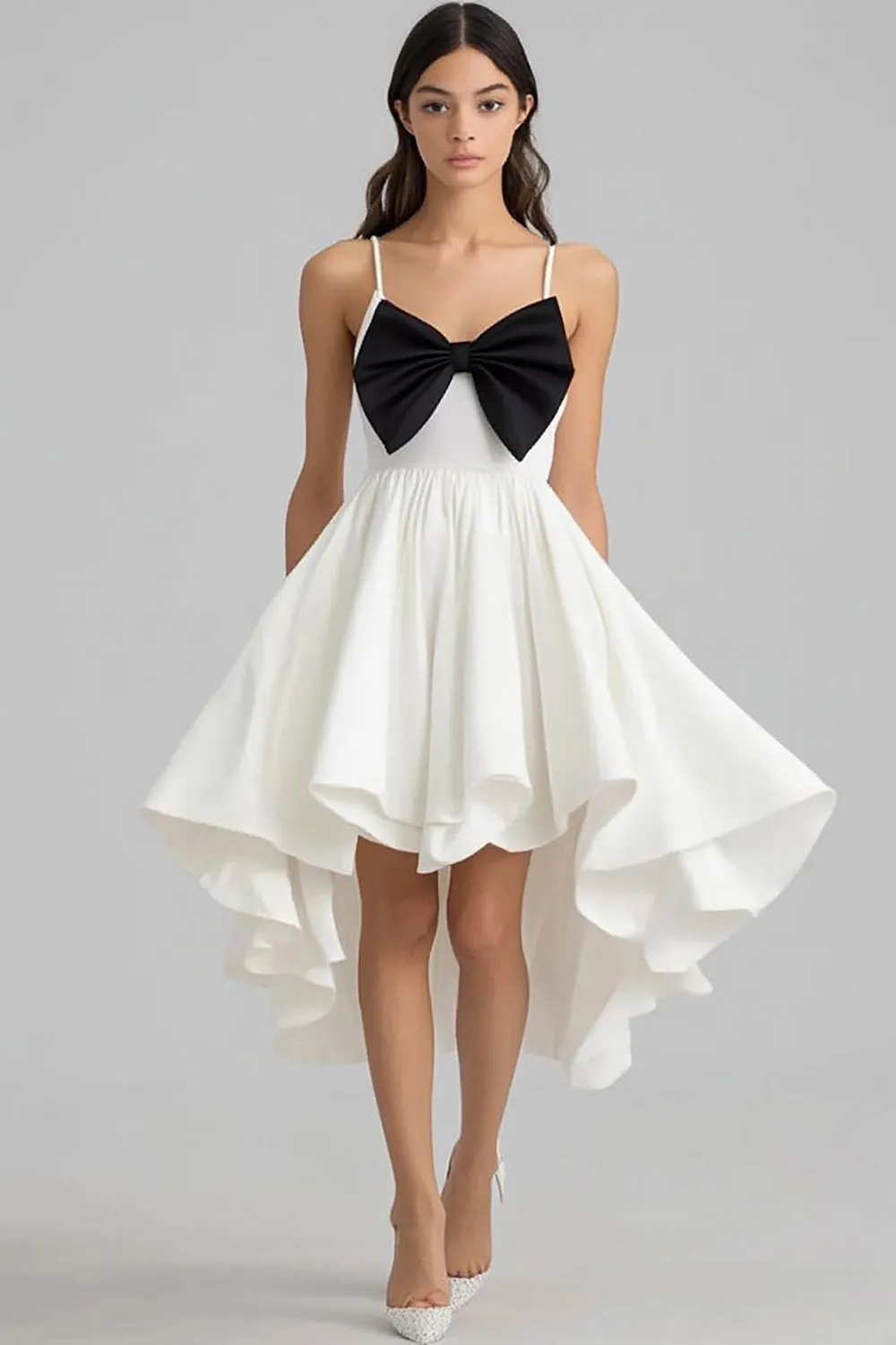White and Black Satin A Line Short Graduation Dress with Bow sold by Zapaka