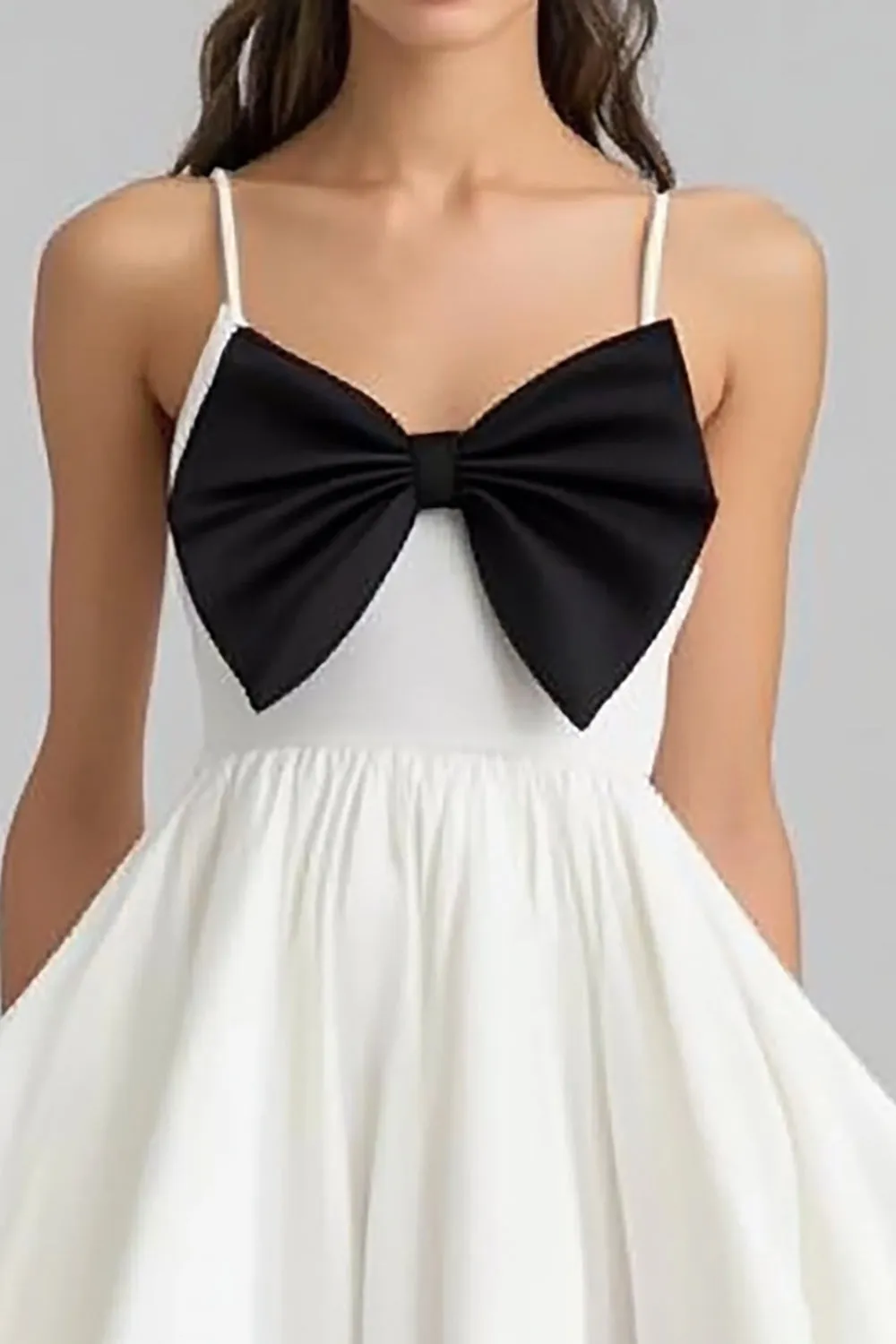 White and Black Satin A Line Short Graduation Dress with Bow sold by Zapaka product image thumbnail 2