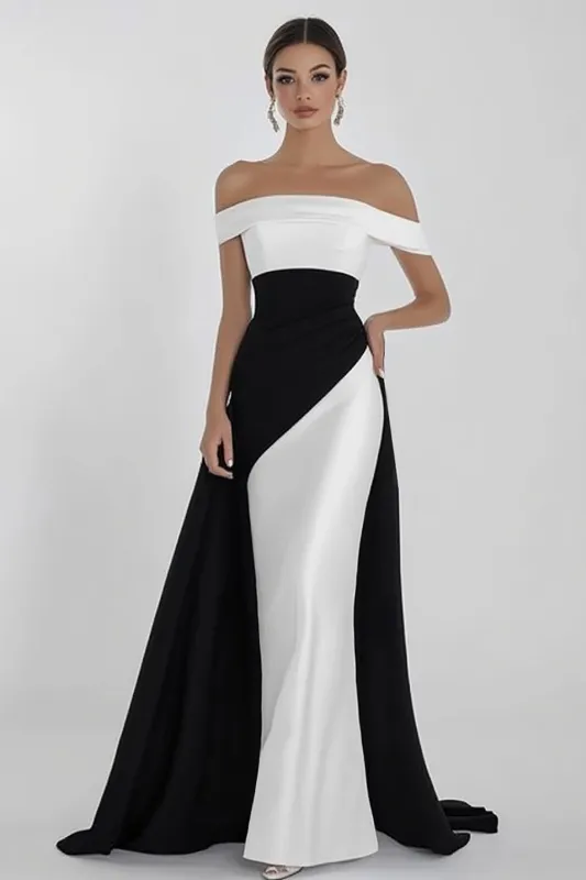 Off The Shoulder Black And White Long Formal Dress made by Zapaka