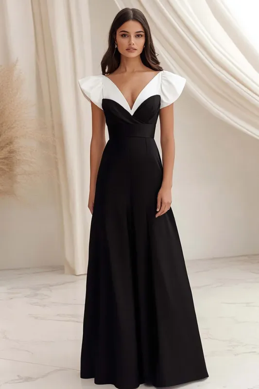A Line Cap Sleeves Long Black Tie Dress sold by Zapaka