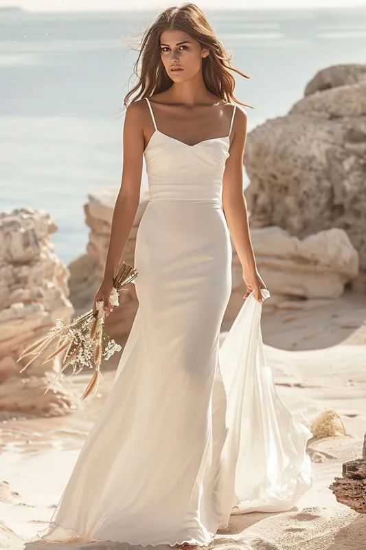 White Mermaid Boho Sweep Train Elegant Wedding Dress sold by Zapaka