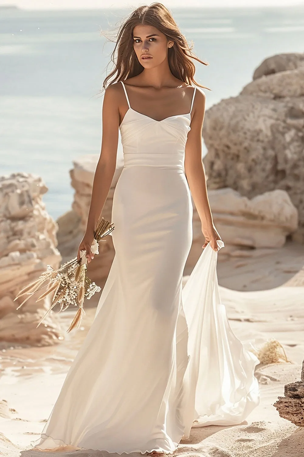 White Mermaid Boho Sweep Train Elegant Wedding Dress sold by Zapaka
