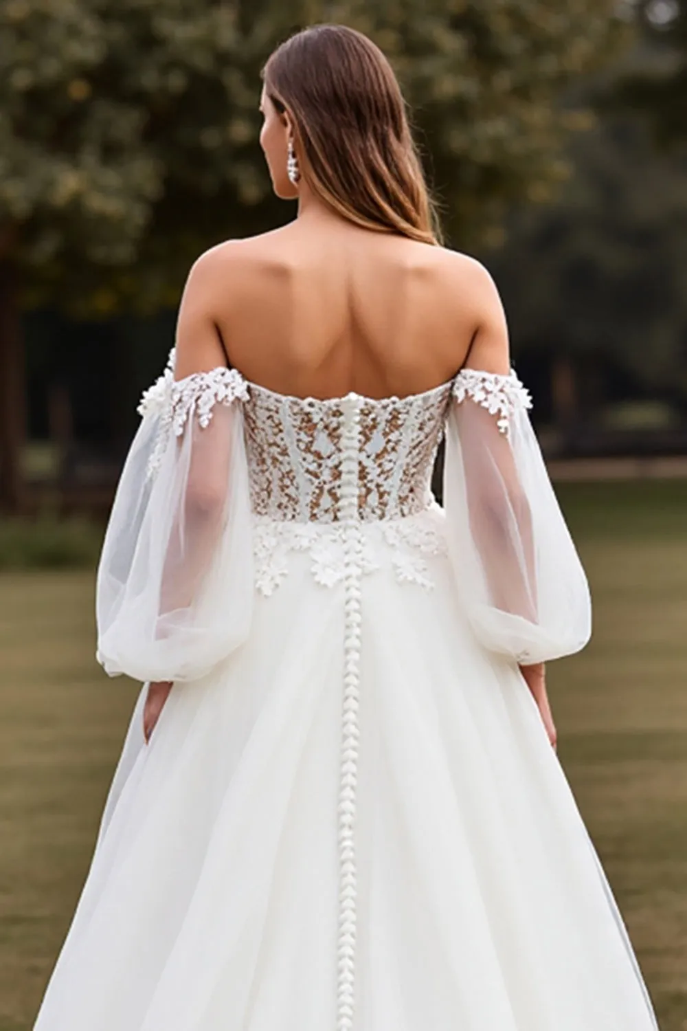 White Off the Shoulder Lantern Sleeves Boho Sweep Train Wedding Dress with Lace sold by Zapaka product image thumbnail 4