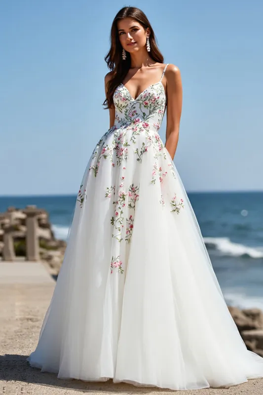 White Tulle V-Neck Boho Floral Sweep Train Wedding Dress sold by Zapaka