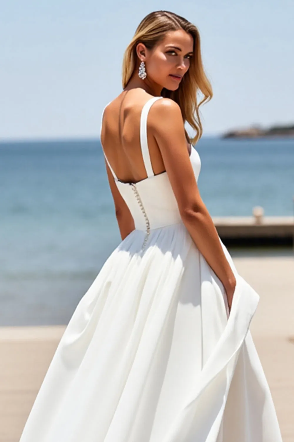 White A Line Square Neck Sleeveless Boho Sweep Train Wedding Dress sold by Zapaka product image thumbnail 4