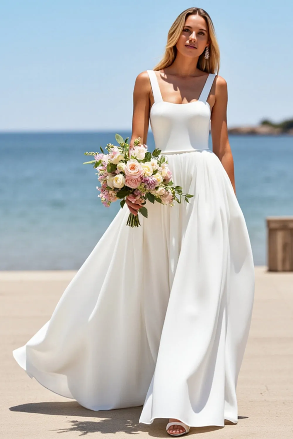 White A Line Square Neck Sleeveless Boho Sweep Train Wedding Dress sold by Zapaka