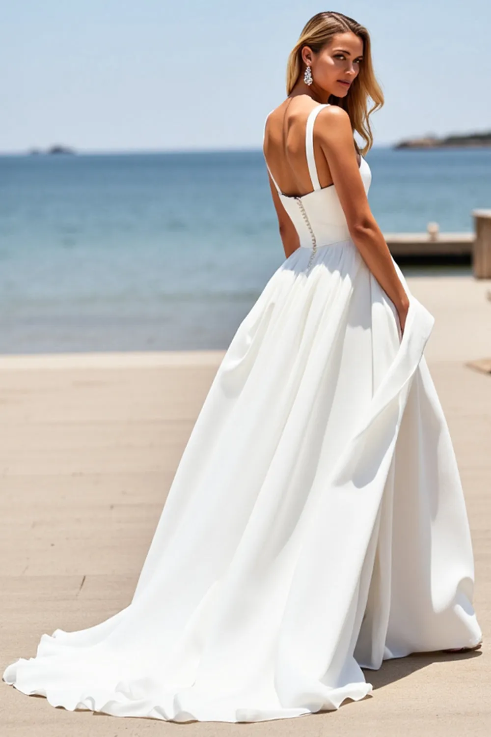 White A Line Square Neck Sleeveless Boho Sweep Train Wedding Dress sold by Zapaka product image thumbnail 2