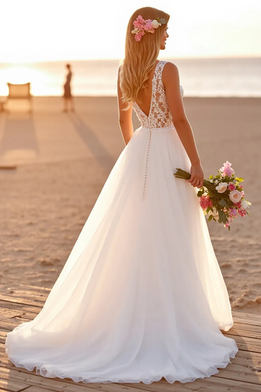 White V-Neck Sleeveless A Line Boho Sweep Train Wedding Dress with Lace sold by Zapaka product image thumbnail 2