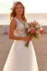 White V-Neck Sleeveless A Line Boho Sweep Train Wedding Dress with Lace sold by Zapaka