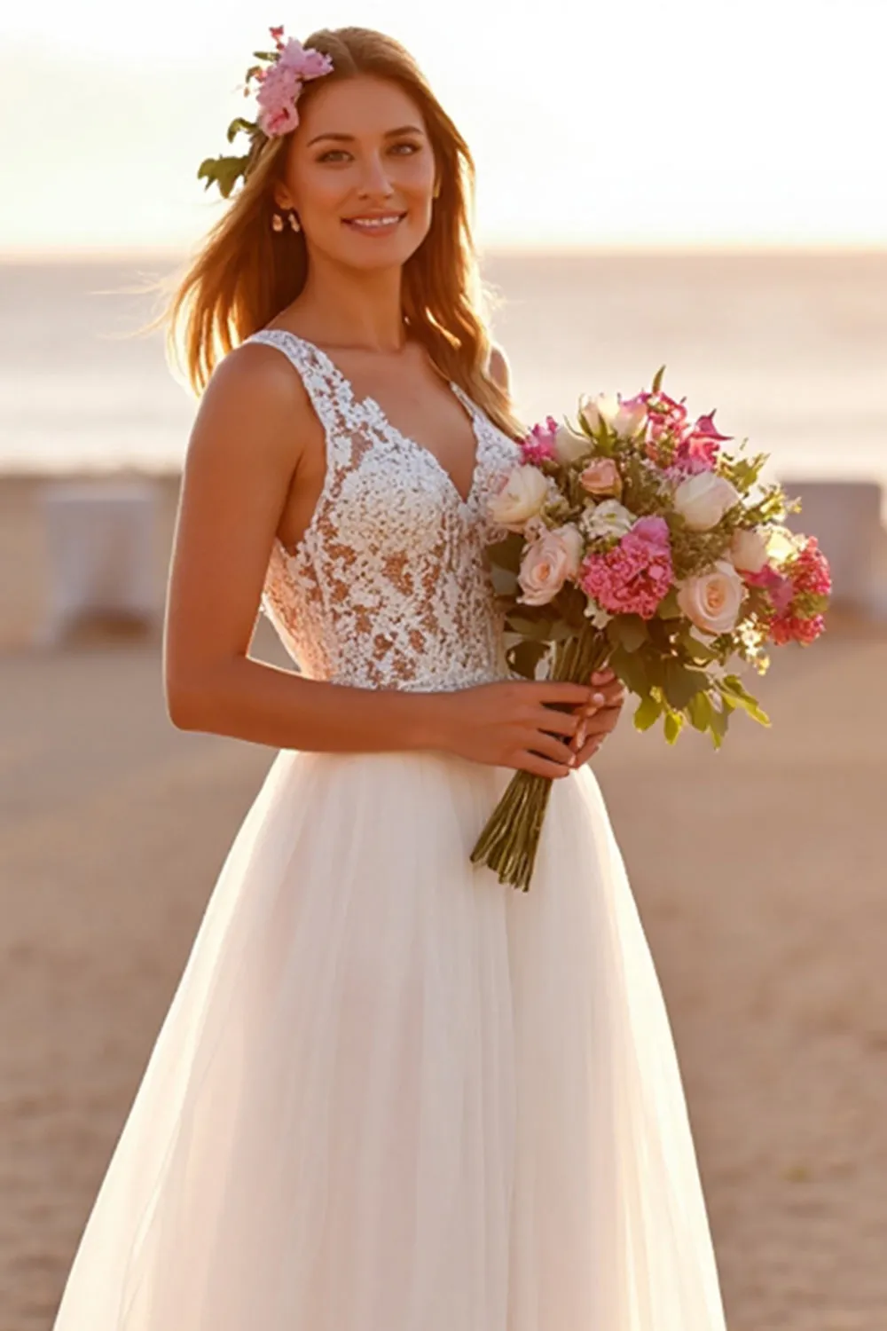 White V-Neck Sleeveless A Line Boho Sweep Train Wedding Dress with Lace sold by Zapaka product image thumbnail 3