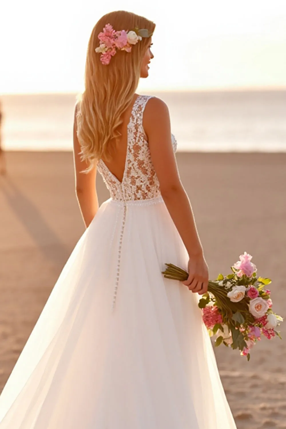 White V-Neck Sleeveless A Line Boho Sweep Train Wedding Dress with Lace sold by Zapaka product image thumbnail 4